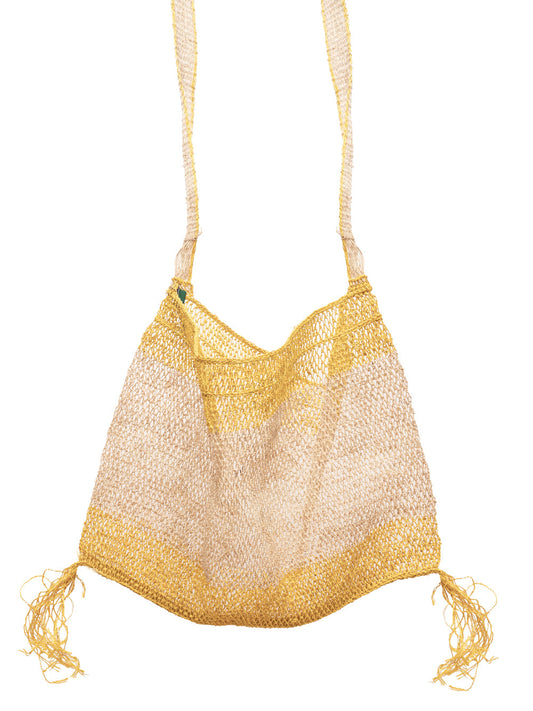 Bolso Kudzu natural con dos franjas amarillas, hecho a mano en Laos con fibra de vid sostenible y tintes vegetales.