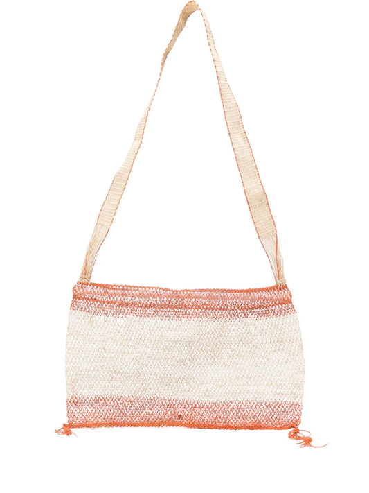 Bolso Kudzu artesanal en fibra de vid natural con dos franjas naranjas, tejido a mano en Laos