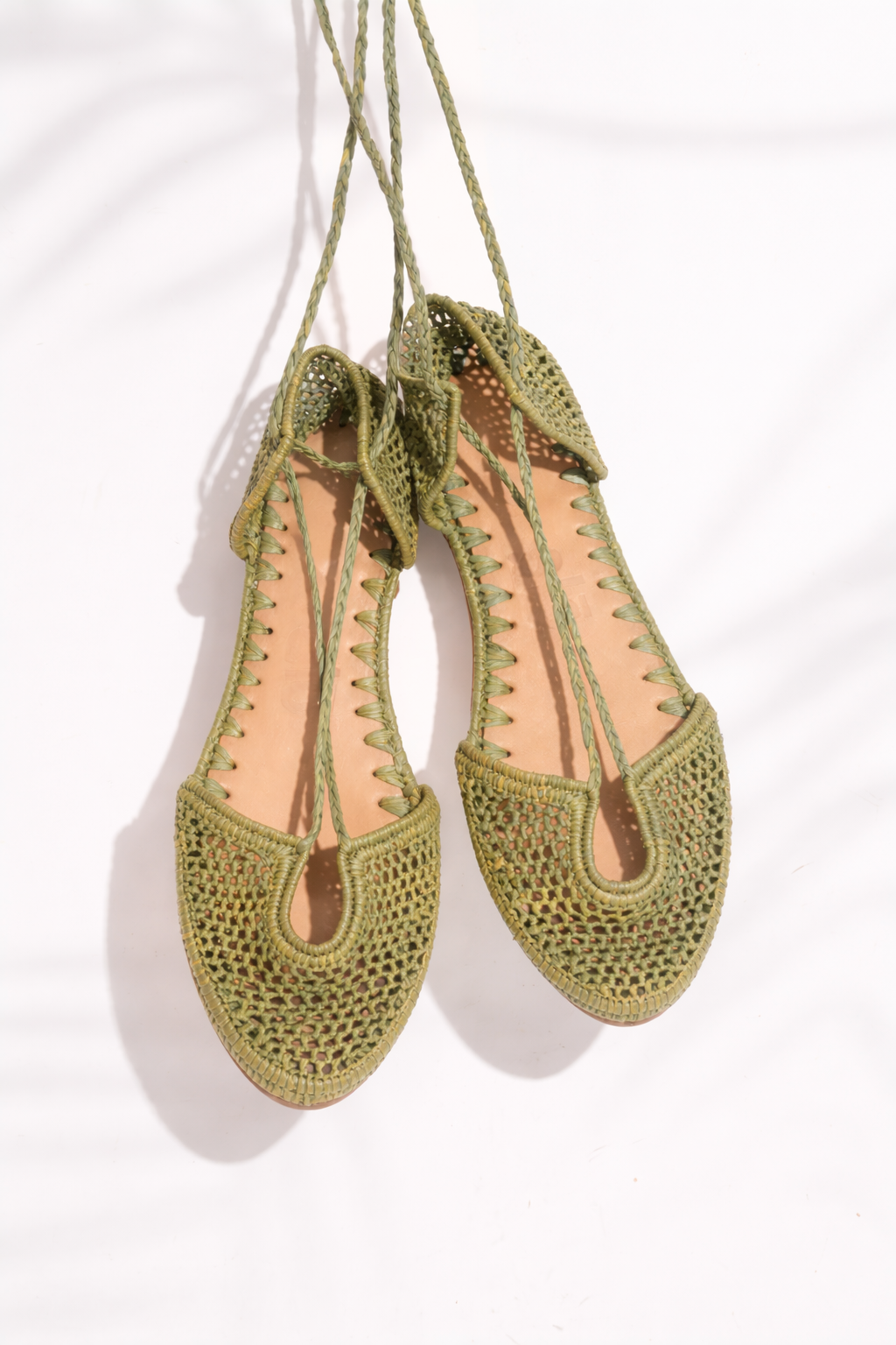 Raffia ballet flats pistachio — roman strap design — slō hand made
