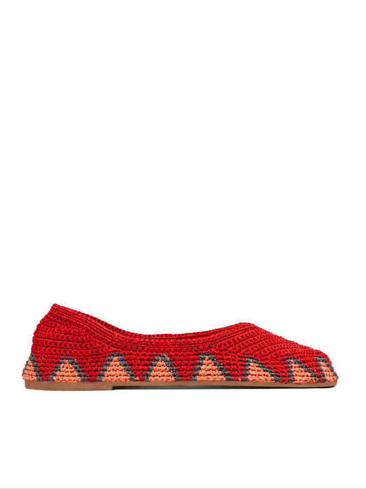 Red Ember crochet ballet flat without straps by slō hand made — side view